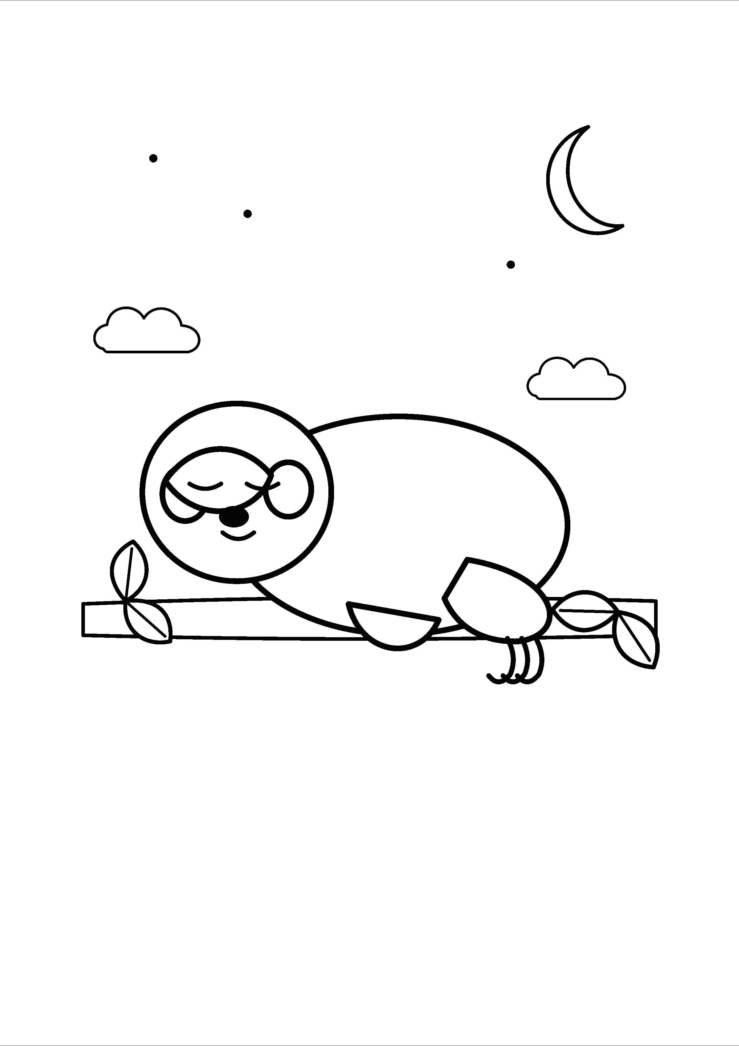 A curled sloth sleeps on a branch beneath a crescent moon.
