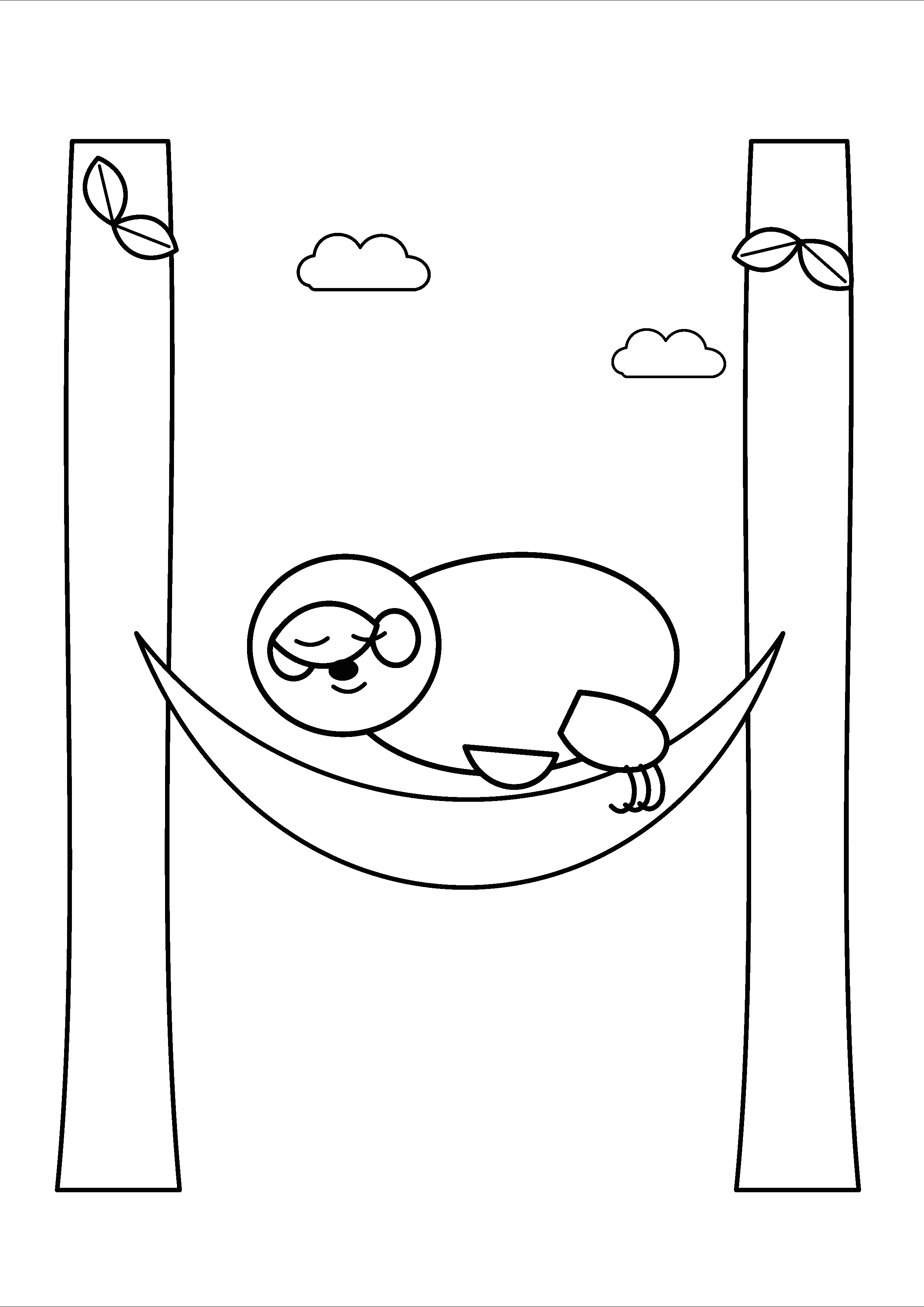 A curled sloth rests in a hammock between two trees.