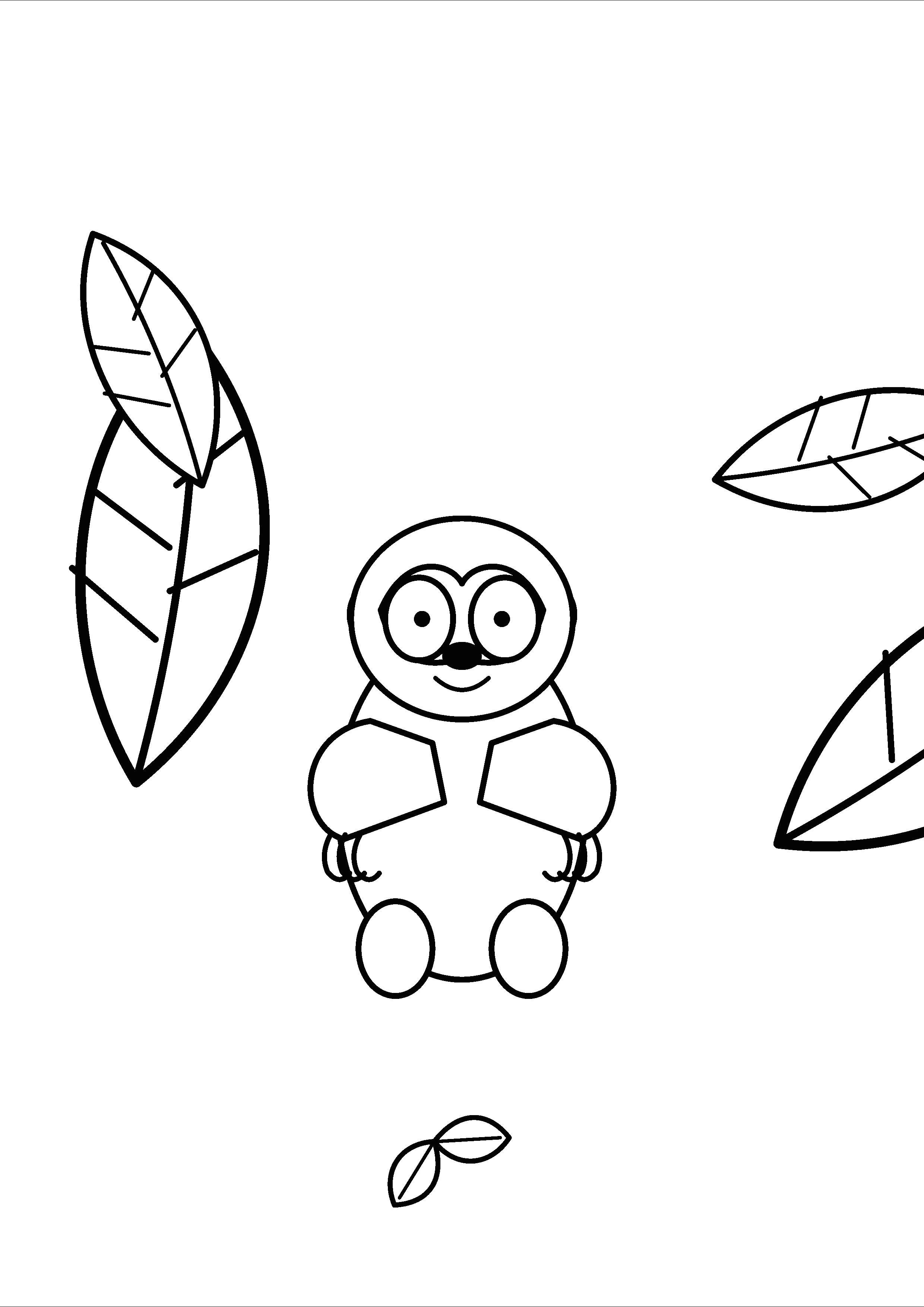 A sloth sits among broad tropical leaves.