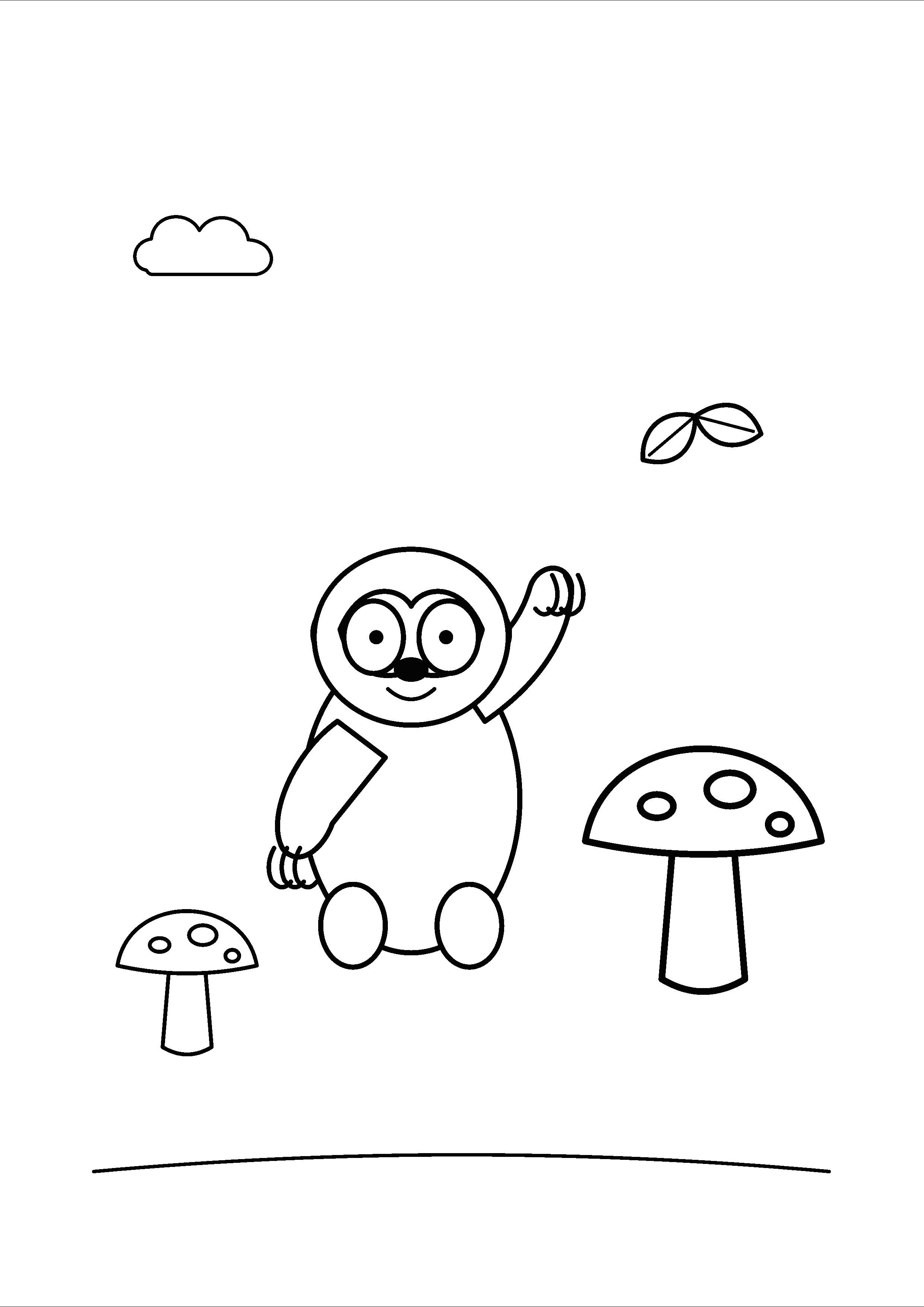 A sloth sits near two oversized forest mushrooms.