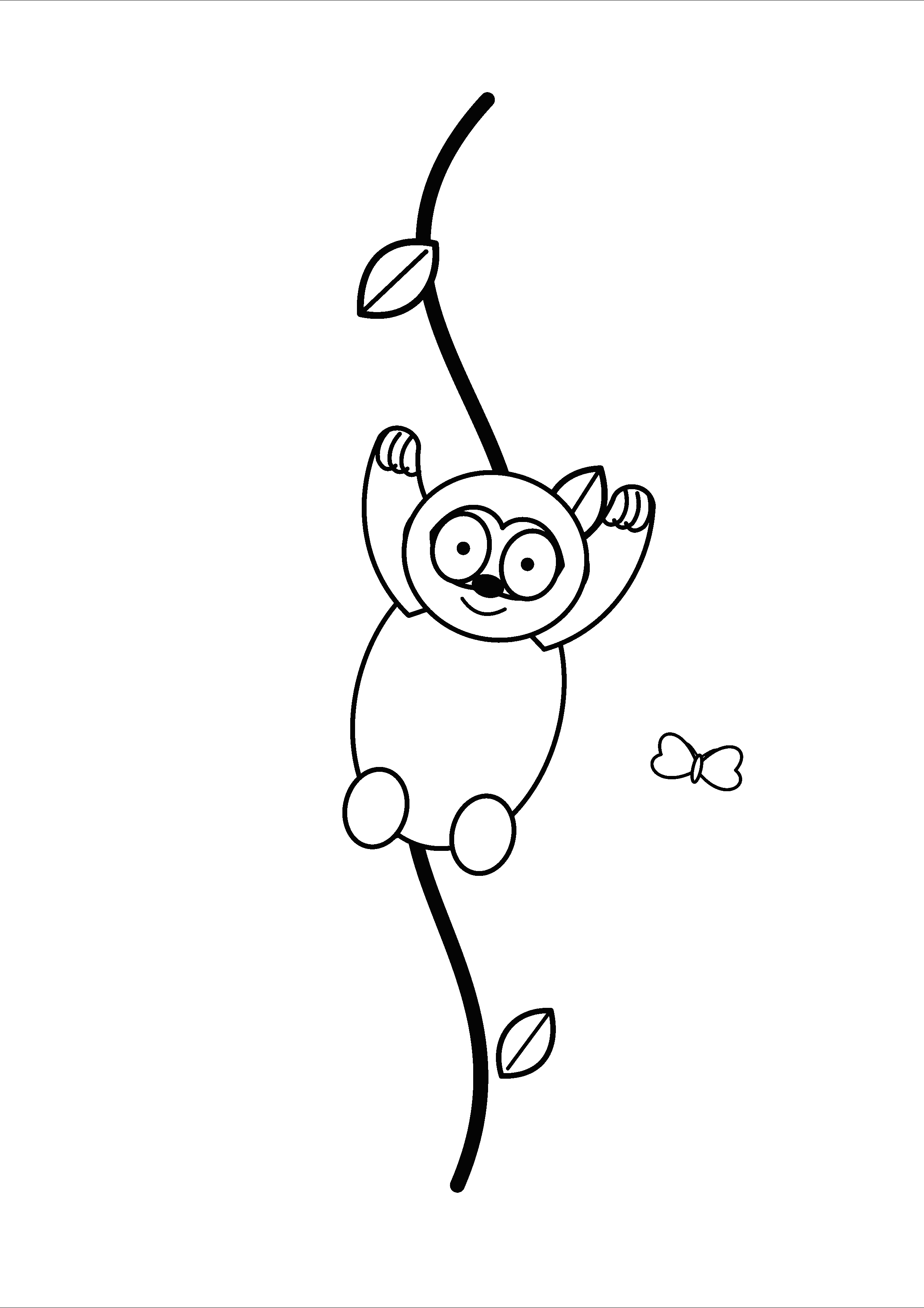 A sloth climbs a winding vine with large leaves.