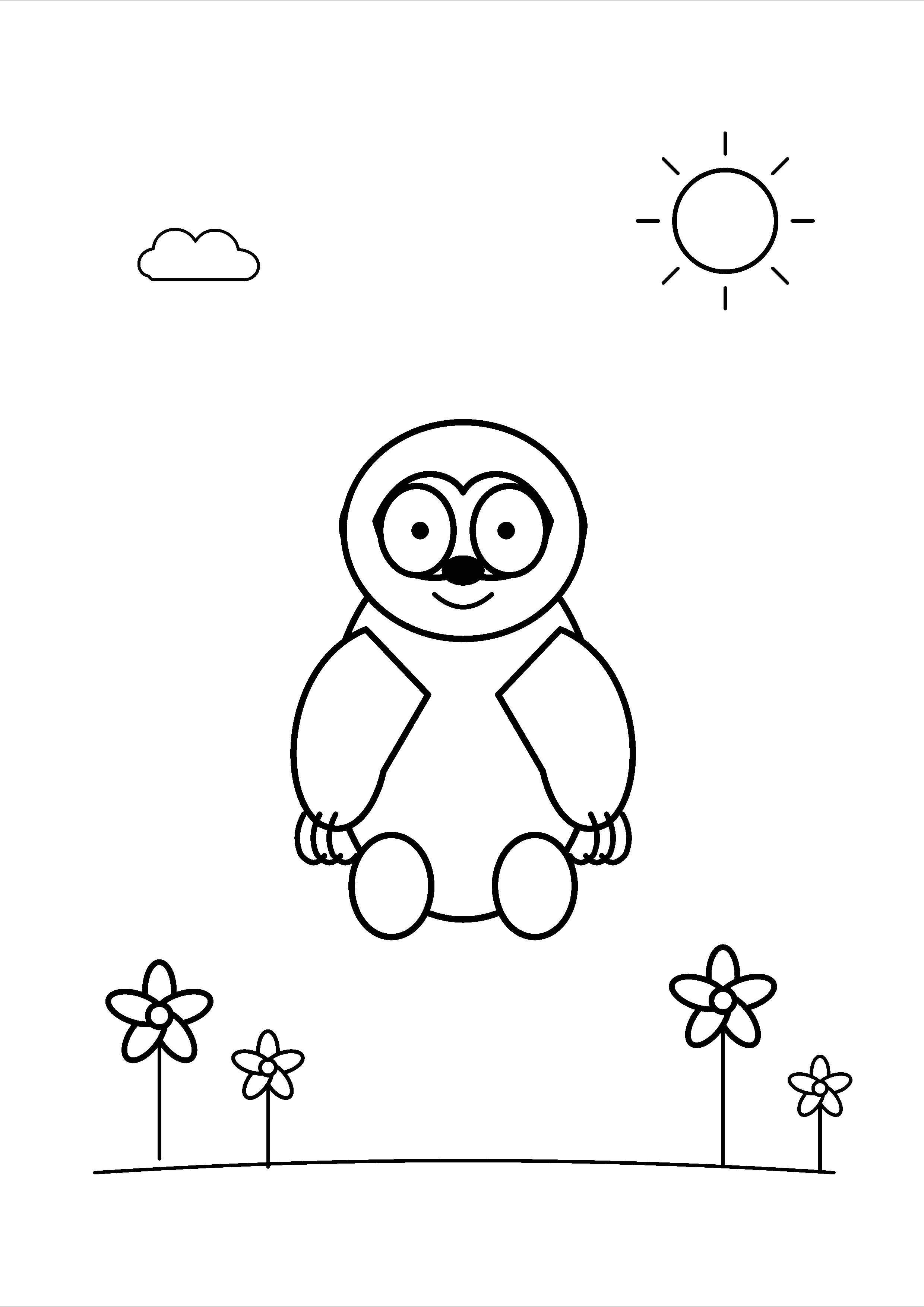 A seated sloth is surrounded by large garden flowers.