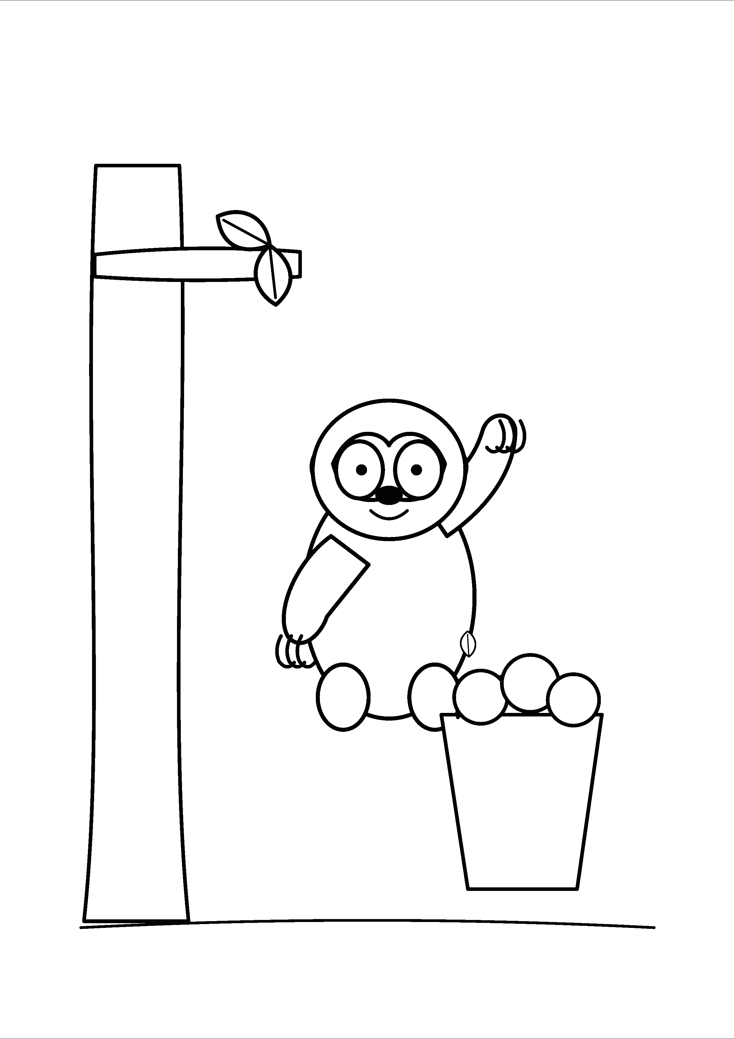 A sloth carries a basket of round fruit beside a tree.