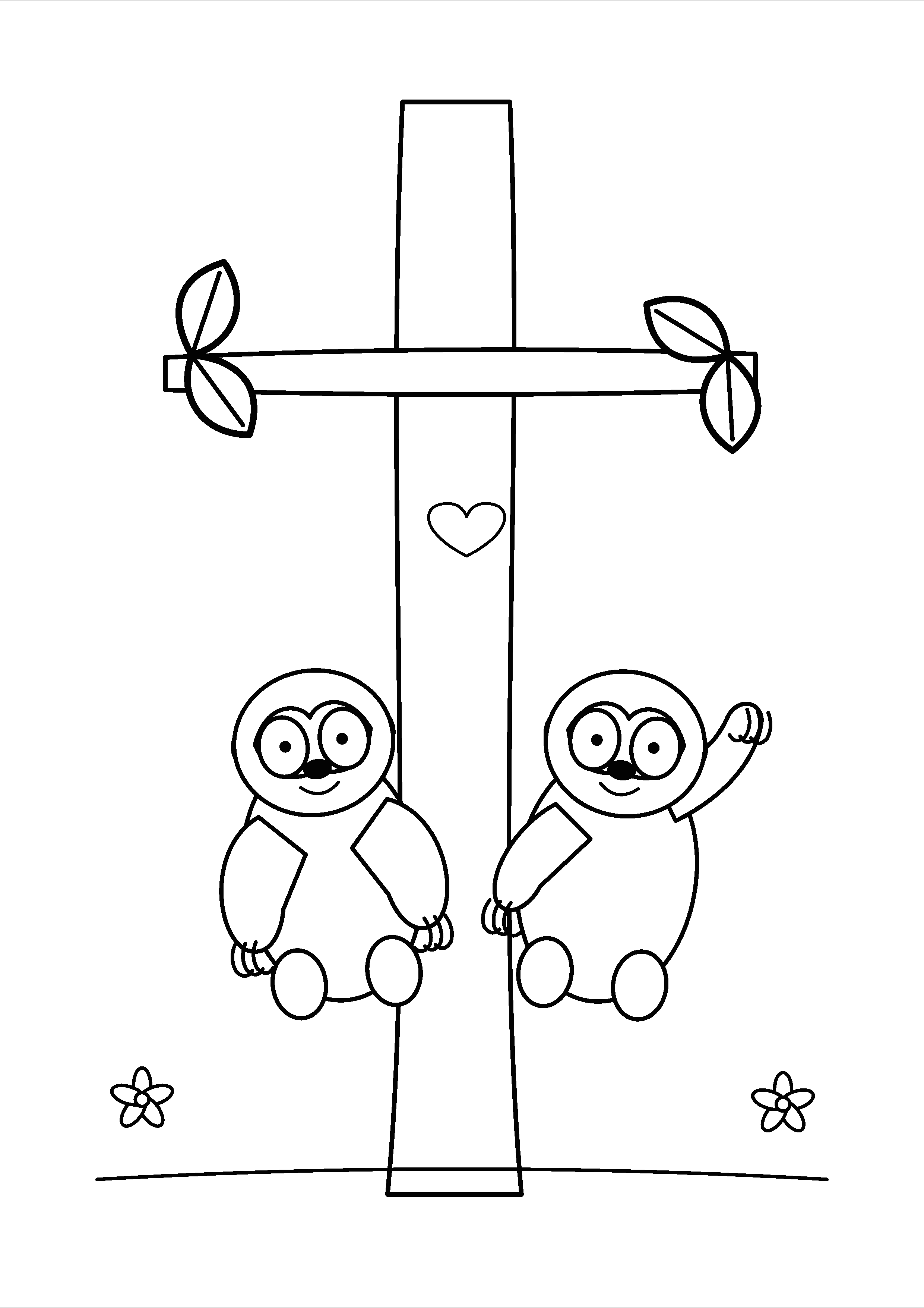 Two sloths sit together beneath a leafy tree canopy.