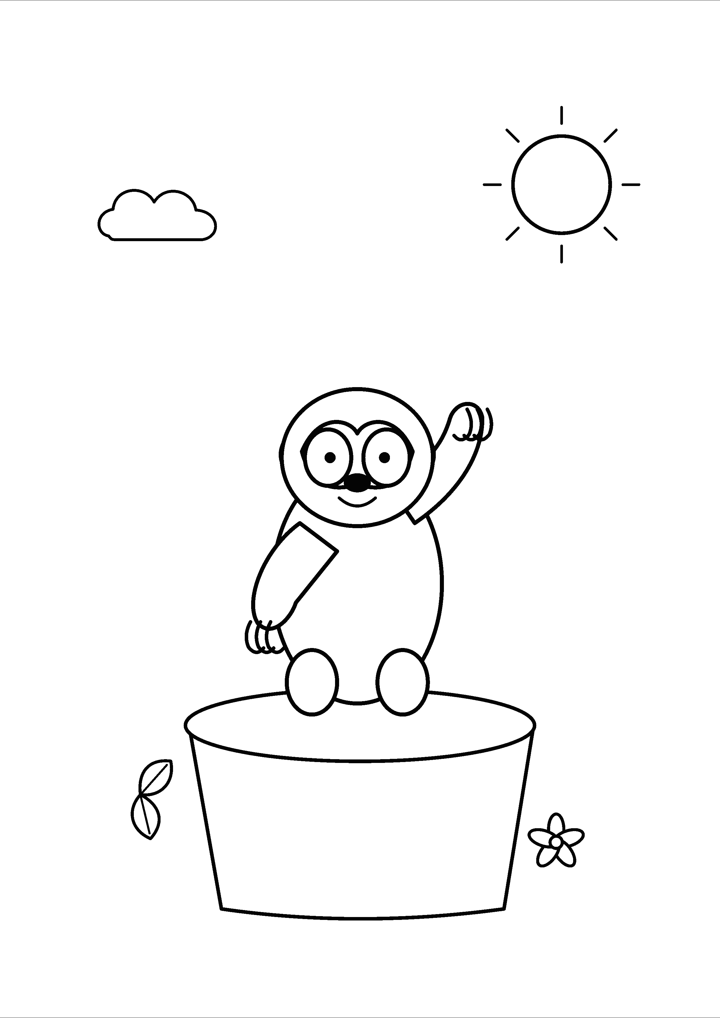 A waving sloth sits on a tree stump under the sun.